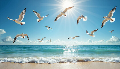 Fototapeta premium Seagulls flying over sunny beach and ocean