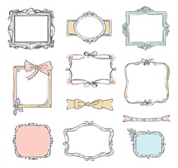 A collection of pastel-colored, decorative picture frames with bows, ribbons, and floral accents