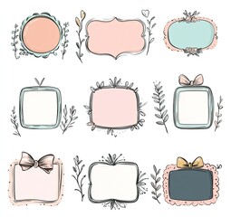 Nine pastel-colored decorative frames with floral and bow accents