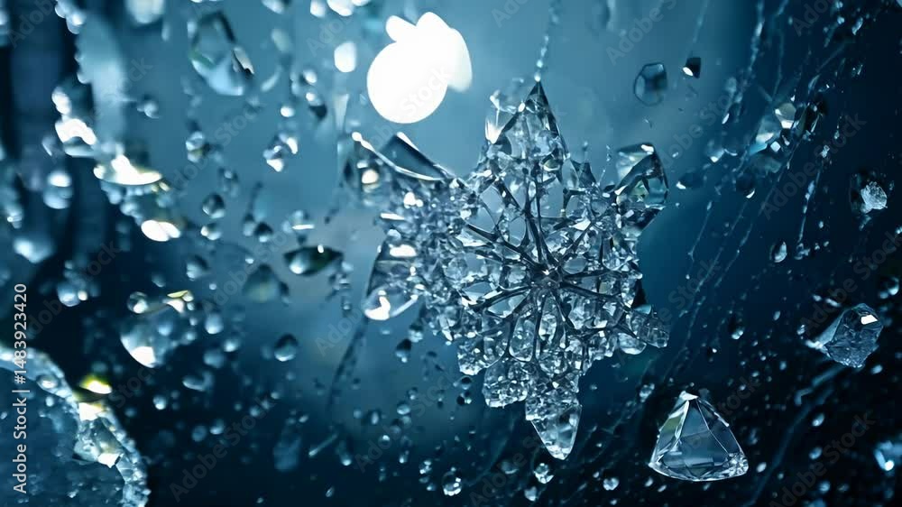 Poster macro video zooming in on intricate ice crystal patterns on a frost-covered windowpane at night, ref