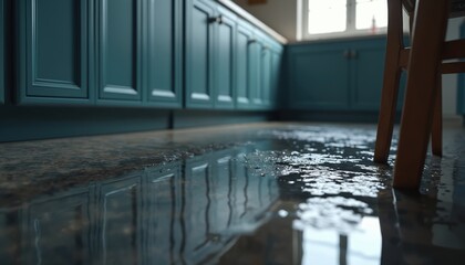 Obraz premium Water damage in kitchen room from leak. Flooded floor near cabinets. Home insurance property problem concept. Water dripping from ceiling, pipe burst, plumbing issue.