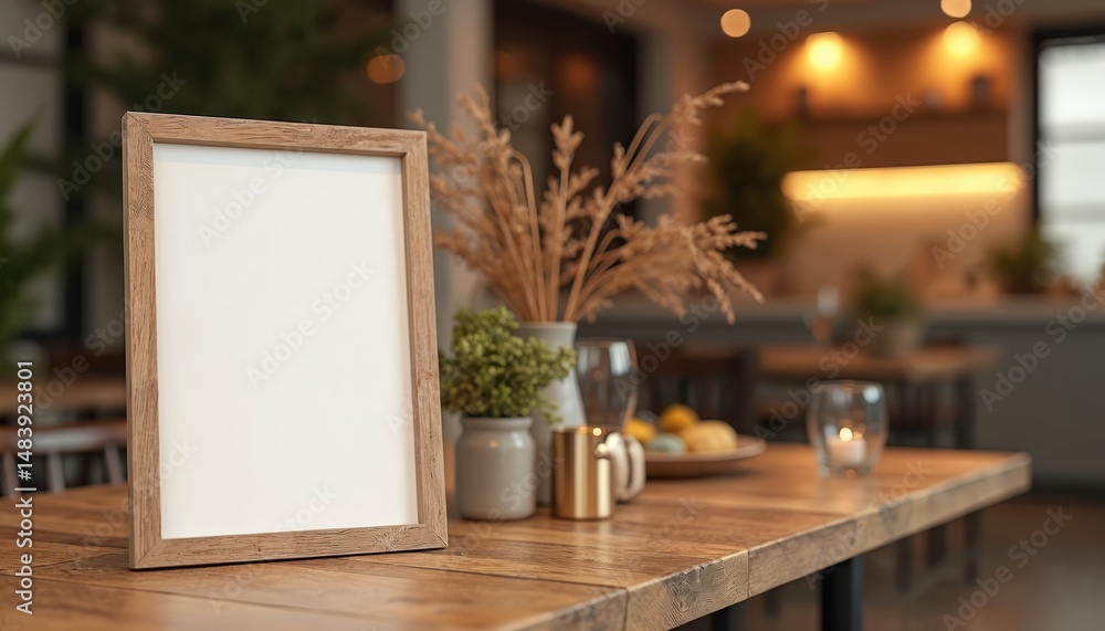 Aufkleber cozy dining scene features blank signboard on rustic wooden table. empty frame menu board on cafe ta
