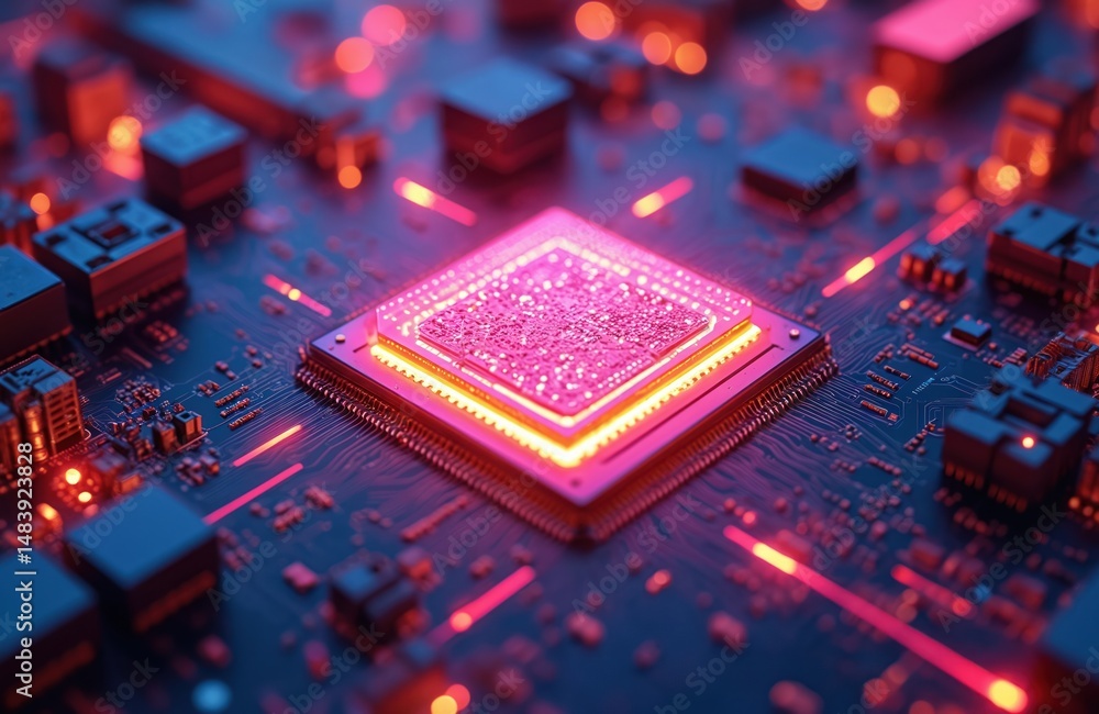 Poster high-tech image of computer processor cpu. integrated circuit details on electronic board, illuminat