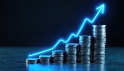 Stacks of coins with upward neon blue arrow, symbolising growth. Financial chart shows profit rising, investment returns, success. Concept of business, finance, economy. Economic progress, future