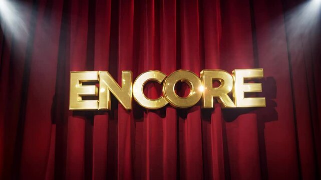 360-degree video of the flashing gold word encore in marquee style against a homogeneous red curtain background with sweeping stage lights, show concept