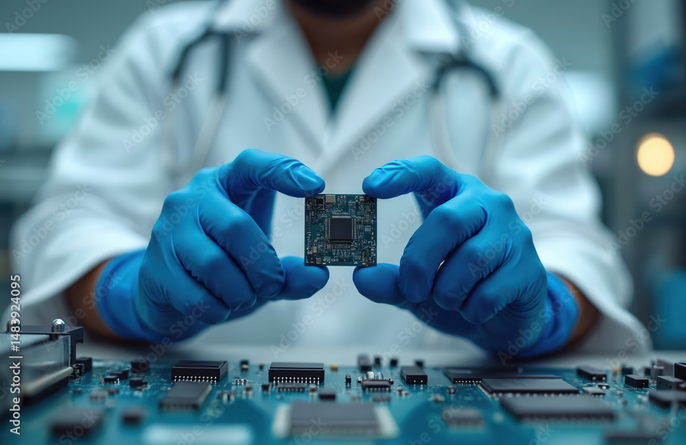 Poster scientist holds microchip central processing unit in lab. modern scientific laboratory with computer