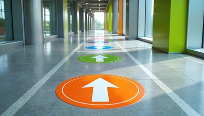 Bright color floor stickers with arrows indicate designated standing areas for safe physical distance. Well-lit indoor environment features modern sleek design, direction, guidance for safety