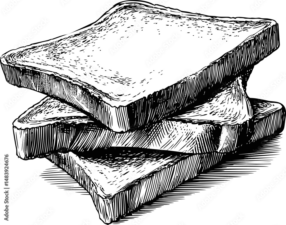Poster stack of three slices of toast in detailed black and white sketch vector illustration