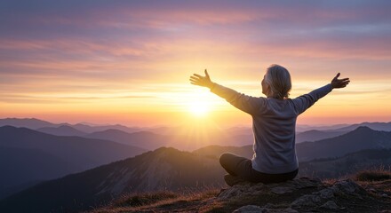 Fototapeta premium Serene Sunrise: Finding Peace Amidst the Mountains - A person finds solace and connection with nature during a breathtaking sunrise, symbolizing peace, gratitude, spiritual awakening, hope