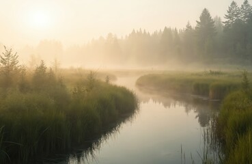 Fototapeta premium Early morning mist over flooded meadow in Oulanka National Park Finland. Calm water reflects sky, trees, fog. Idyllic wilderness scene, fresh air, natural beauty. Inspiring landscape in Northern