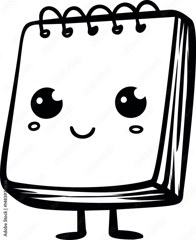 Poster cute kawaii style notebook cartoon character with spiral binding and a smiling face. vector illustra