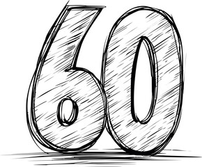 Hand-drawn sketched number 60 sixty with bold outline and dynamic shading. Vector illustration