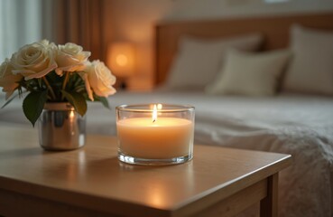 Burning aroma candle on coffee table in bedroom. Cozy home decor with white roses, soft focus background bed, pillows. Relaxing, peaceful atmosphere, candlelight mood for lifestyle.