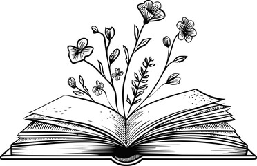 Open book with blooming flowers in black and white. Vector illustration in sketch style