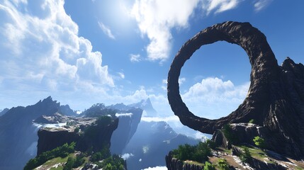 Fototapeta premium Epic Fantasy Landscape, Circular Rock Arch over Mountain Valley