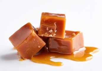Close-up of stacked caramel cubes with sauce.