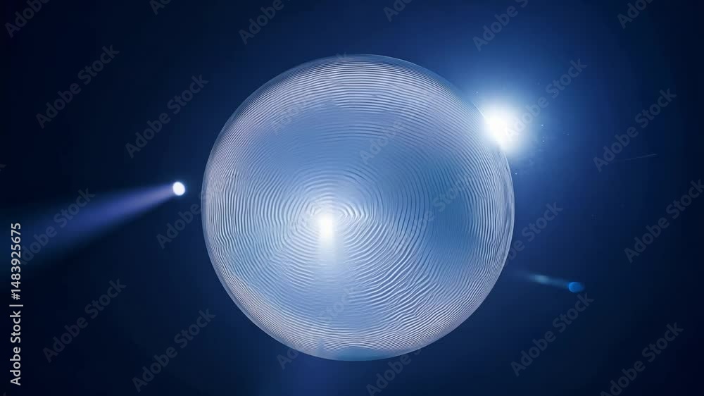Poster smooth 360-degree camera rotation video around a hovering glowing sphere with rippling dynamic patte