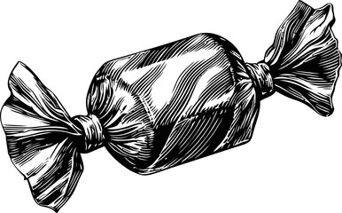 Illustration of black and white wrapped candy in vintage style drawing. Vector illustration in sketch style