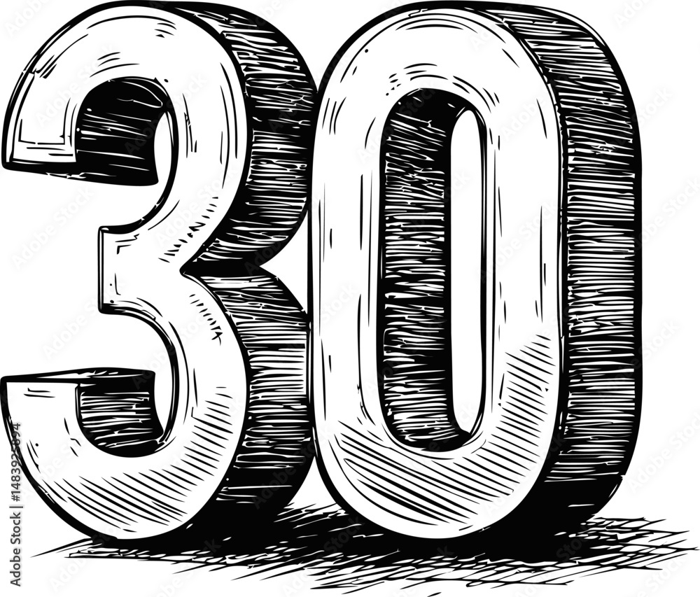 Poster bold black and white drawing of the number 30 with textured strokes. vector illustration in sketch s