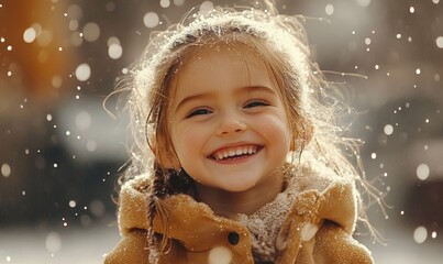 a happy and excited girl laughing and running , flying hair beautiful innocent face, rain drops