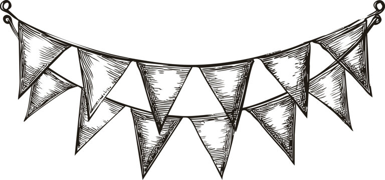 Black and white sketch of festive pennant flags, hand-drawn decoration art. Vector illustration