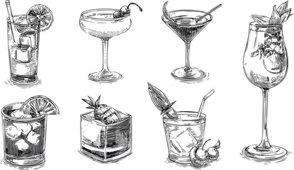 Hand-drawn illustrations of various classic cocktails with garnishes. Vector illustration in sketch style