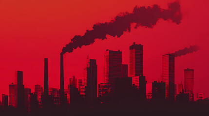 Fototapeta premium A stylized city skyline silhouette against a vibrant red background, with dark smoke rising, conveying an industrial and environmental theme. [Ocular City] | Cycloptic Loop | single view. Illustration