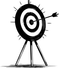 Black and white bullseye with arrow hitting center. Vector illustration in sketch style