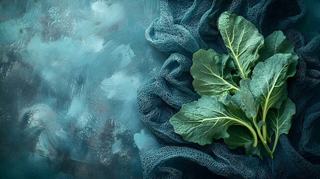 Col Rizada, Kale rich green kale leaves on rustic cloth, natural background