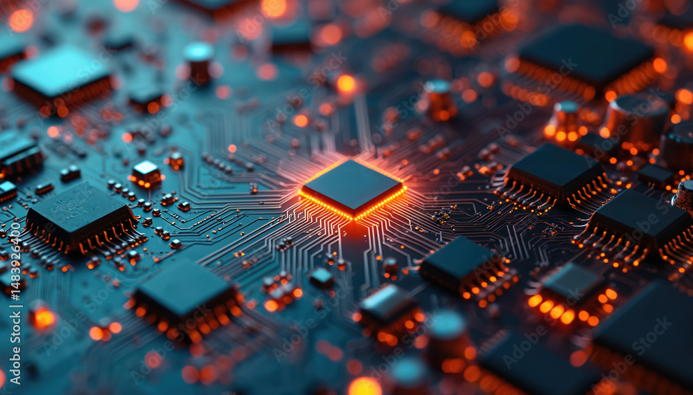 Poster close-up circuit board with glowing microchips. integrated circuit, electronic components. tech, com