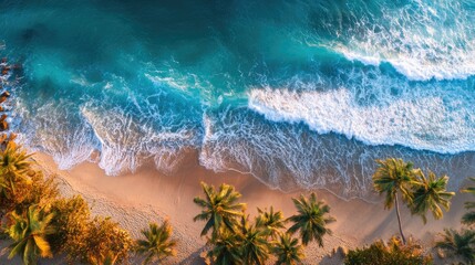 Aerial view of a tropical beach at sunrise with palm trees and clear blue waves, ultra wide angle, serene atmosphere, photorealistic, vibrant colors
