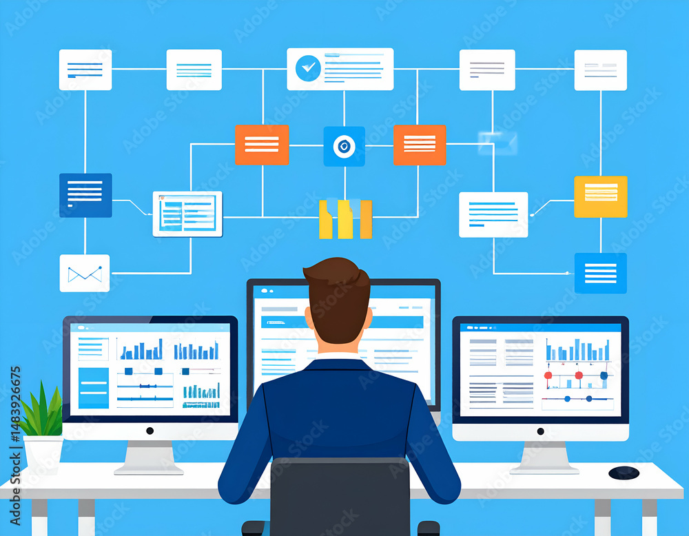 Poster businessman monitoring complex interconnected data streams on multiple computer screens