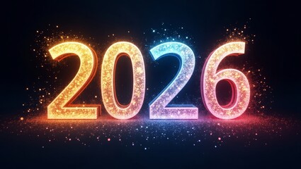 Festive digital artwork of the year 2026 with golden to blue gradient numerals surrounded by vibrant sparkling particles on a dark background