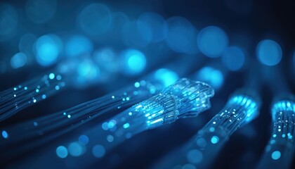Close-up of network cables, optical fiber, abstract background. Blue glowing fiber optic strands transmit data. High-speed connection tech, internet. Data transfer communication concept.
