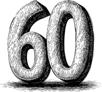 Sketched black and white number 60 in bold artistic font design. Vector illustration