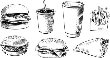 Black and white sketches of fast food items including burgers and drinks. Vector illustration in sketch style