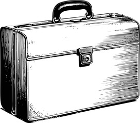 Detailed ink drawing of vintage briefcase with handle and clasp. Vector illustration in sketch style
