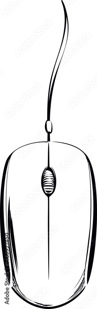 Poster black and white sketch of a computer mouse with cord. vector illustration
