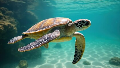 Fototapeta premium Sea turtle swims underwater. Peaceful marine life in ocean. Reptile animal moves through blue water, near coral reef. Wildlife scene. Ocean nature and diving.