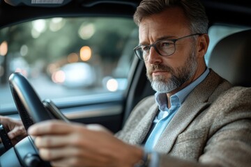 Businessman ignoring safety and texting onmobile phone while driving