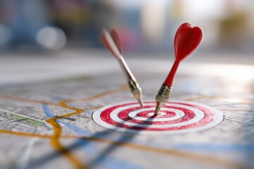 Fototapeta premium Two darts hitting the target on a map.