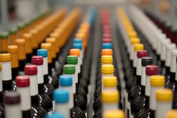 Obraz premium Colorful wine bottle caps aligned in a row.