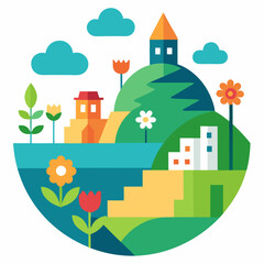 Layered vector eco friendly environment city and town with rolling hills in the daytime with flowers landscape vector on white background.