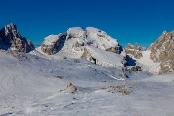 Winter Dolomites rocky tower mountain in Italian Alps, Trentino Alto Adige, Italy. Alps, alpine scenic landscape. Dolomites rocky mountain in Alpes at Cortina di Ampezzo. Tre Cime from Misurina
