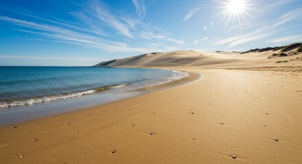 Fototapeta premium Sunny Beach and Sand Dunes Landscape - Serene coastal scene featuring a pristine beach, gentle waves, and majestic sand dunes under a bright sun. Ideal for travel, vacation, and nature themes