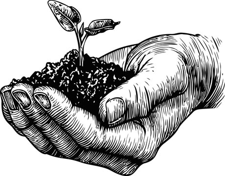 Hand holding a small seedling in soil, black and white sketch vector illustration