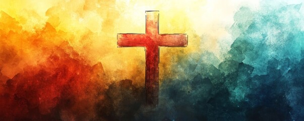 Fototapeta premium Cross of Jesus Christ on a colorful watercolor background