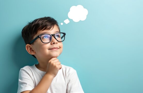 Cute boy wears glasses with thought bubble above head against pastel blue background. Smiling child idea looking up. Face expression, emotions of thinking, imagination, childhood. Education, school