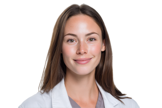 Portrait of a young woman with a warm smile wearing a white coat isolated Isolated on White Background
