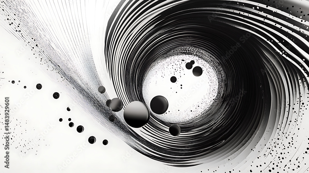Poster abstract black and white vortex with spheres and lines creating a dynamic composition art piece